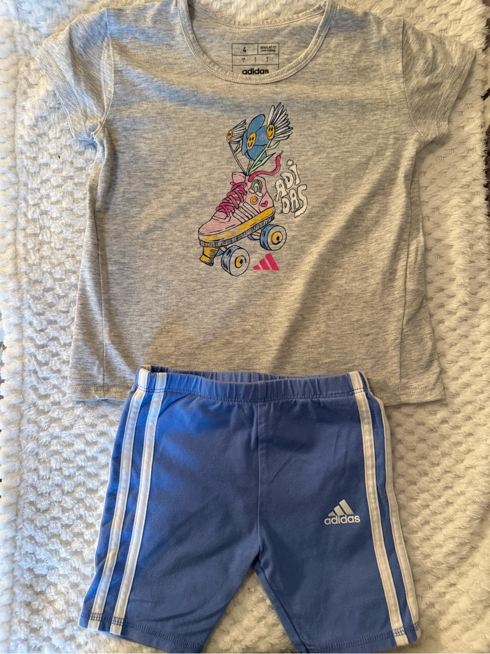 adidas Gray Graphic Tee with Blue and Pink Roller Skate Design & Blue Shorts